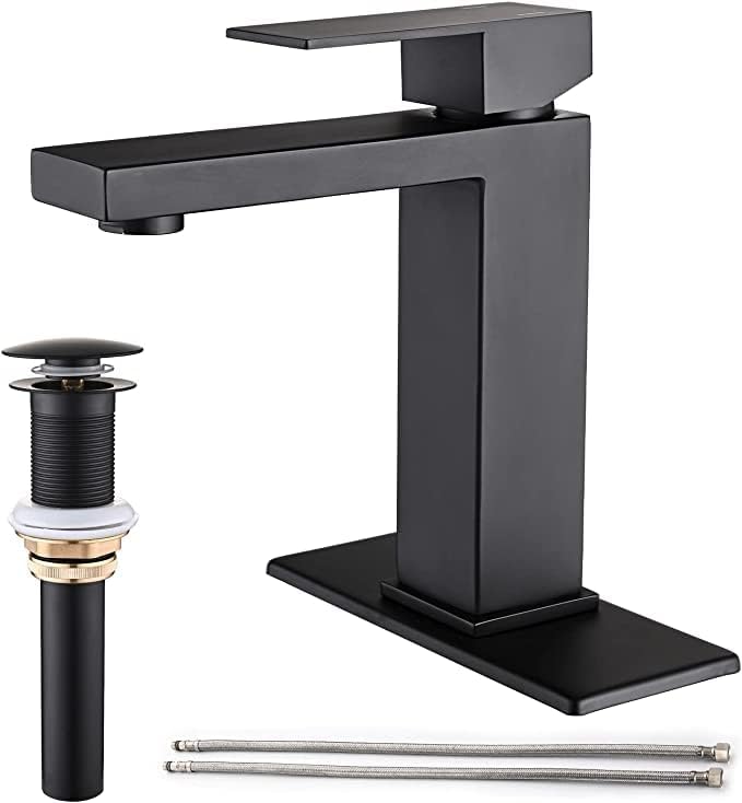 Matte Black Bathroom Faucet, Single Hole Vanity Bath Faucet, Single Handle Modern Stainless Steel Bathroom Faucets for Sink 1 Hole with Pop Up Drain Stopper & Water Supply Hoses
