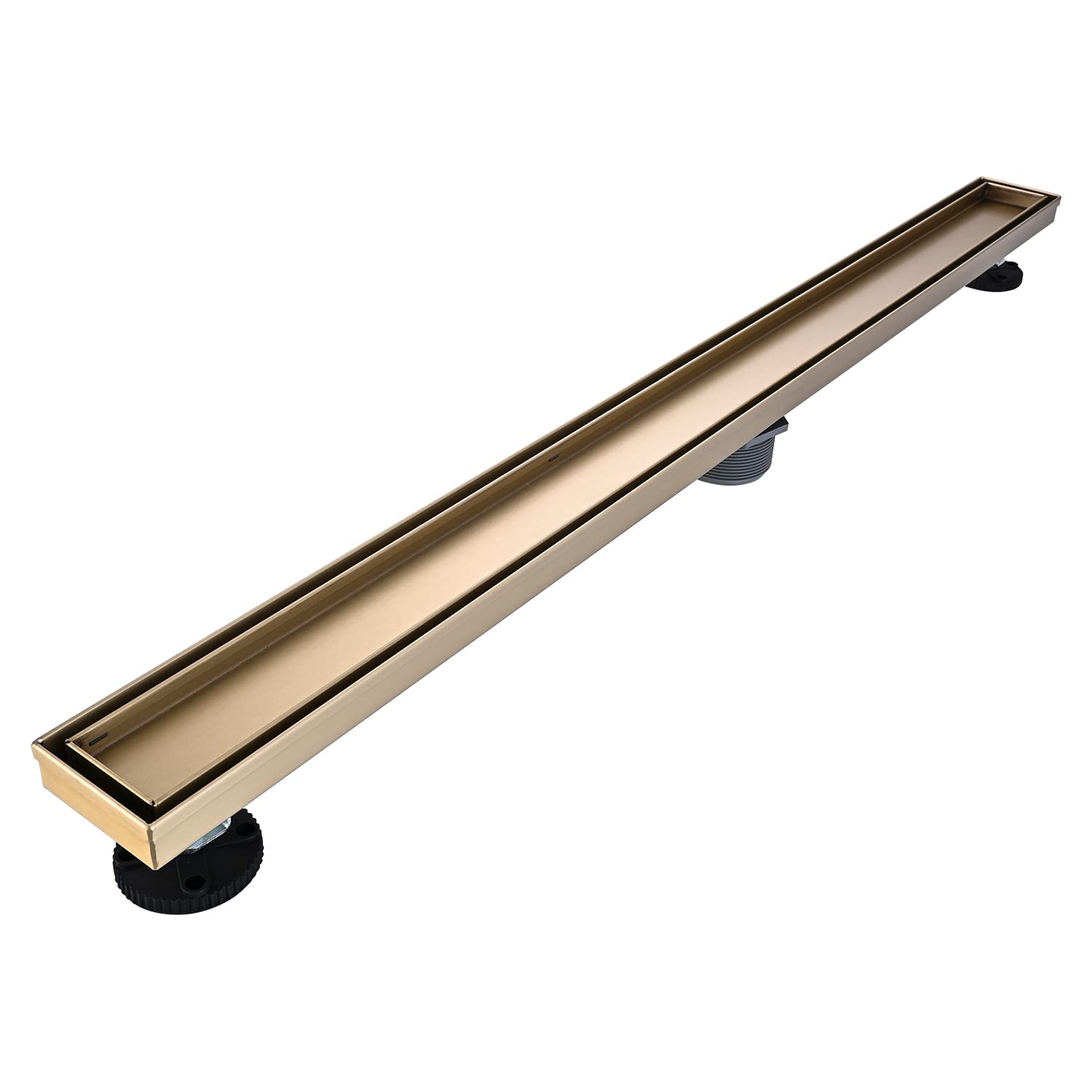 Linear Shower Floor Drain, Brushed Gold 24 Inch 304 Stainless Steel Bathroom Drains Kit, Rectangular Shower Trench Drain with Reversable Tile-in Pattern Drain Cover & Hair Catcher