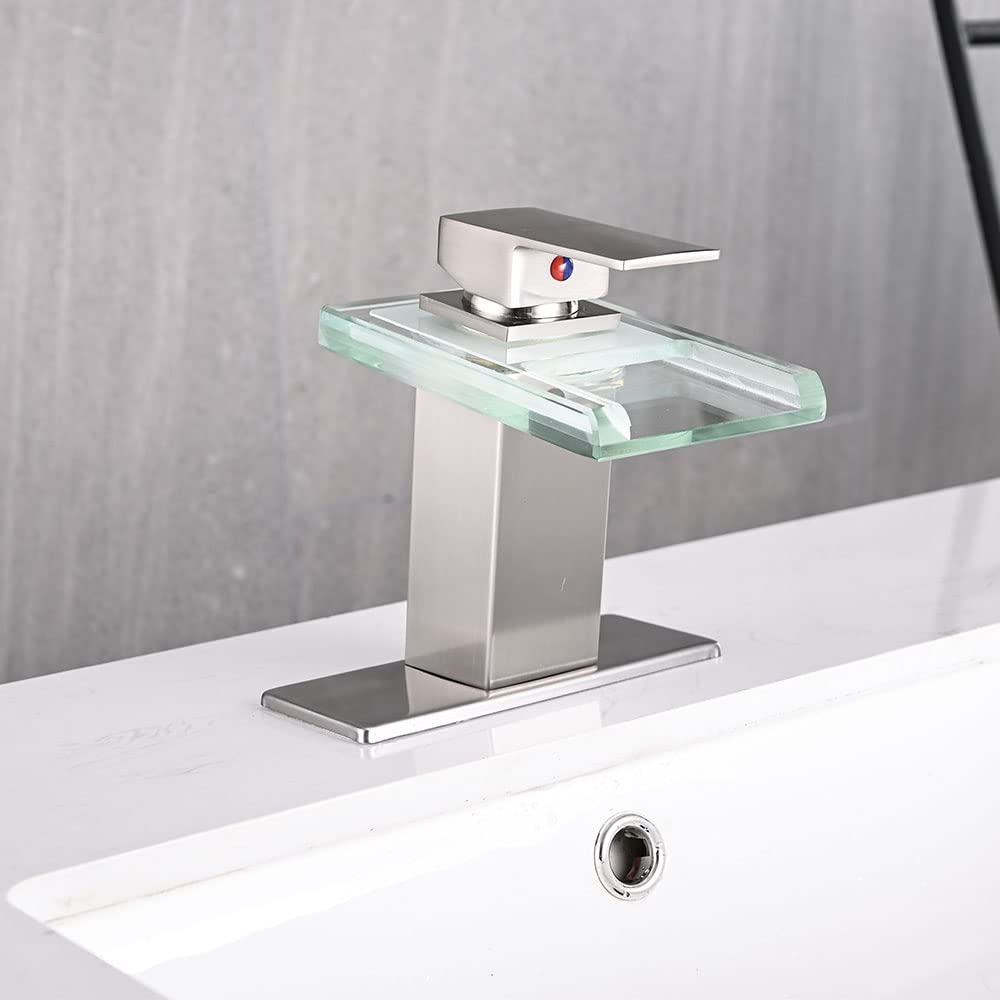 LED Bathroom Sink Faucet, Brushed Gold Waterfall Single Hole Handle Vanity Faucets for Sinks 1 Hole with Metal Pop Up Drain and 2 Water Supply Lines, Open Glass Spout