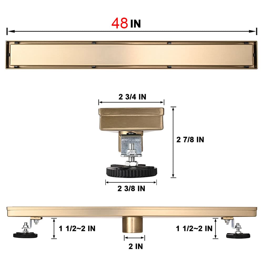 Linear Shower Floor Drain, Brushed Gold 24 Inch 304 Stainless Steel Bathroom Drains Kit, Rectangular Shower Trench Drain with Reversable Tile-in Pattern Drain Cover & Hair Catcher