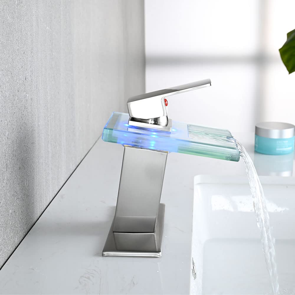 LED Bathroom Sink Faucet, Brushed Gold Waterfall Single Hole Handle Vanity Faucets for Sinks 1 Hole with Metal Pop Up Drain and 2 Water Supply Lines, Open Glass Spout