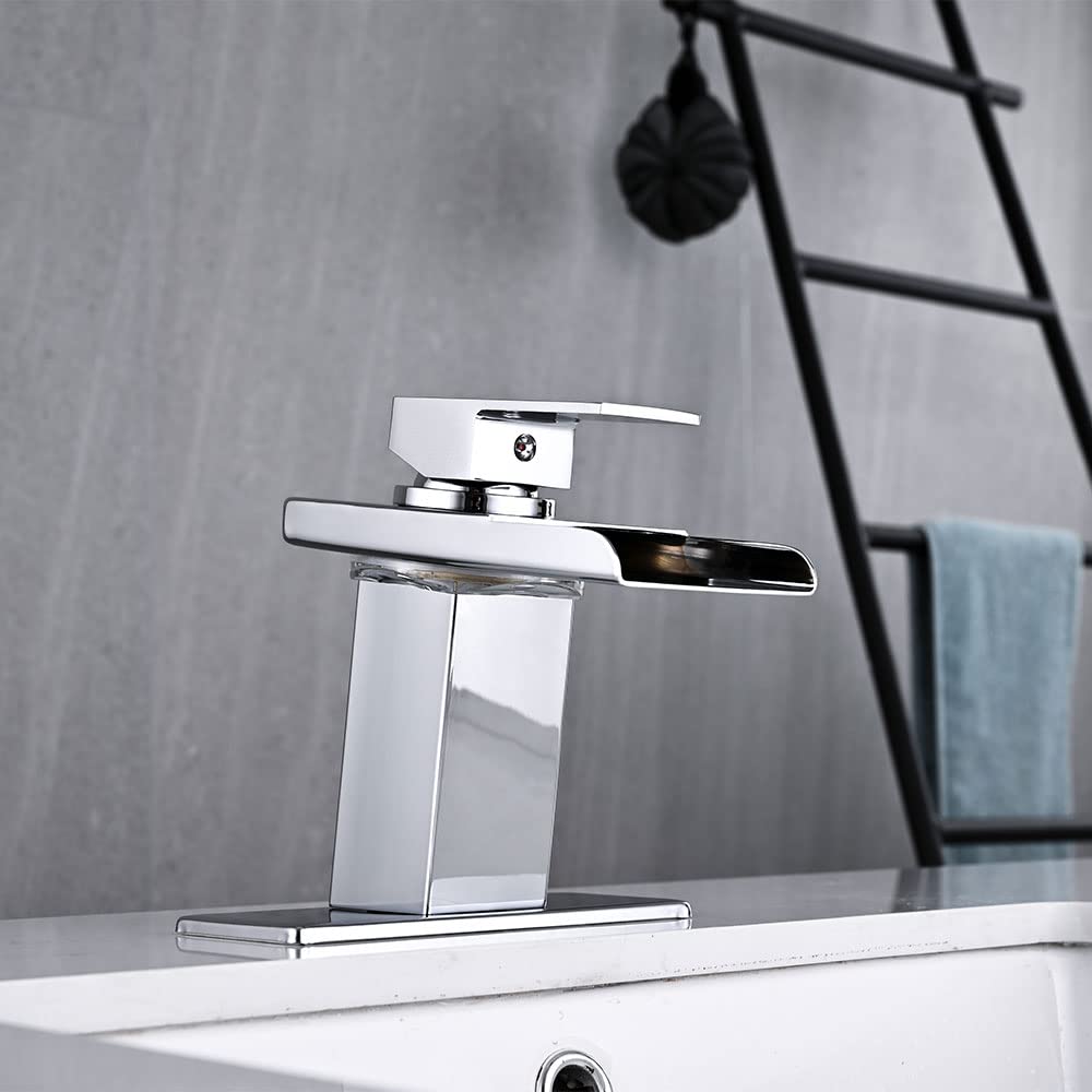 LED Bathroom Sink Faucet, Brushed Gold Waterfall Single Hole Handle Vanity Faucets for Sinks 1 Hole with Metal Pop Up Drain and 2 Water Supply Lines, Open Glass Spout