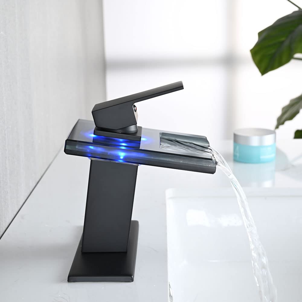 LED Bathroom Sink Faucet, Brushed Gold Waterfall Single Hole Handle Vanity Faucets for Sinks 1 Hole with Metal Pop Up Drain and 2 Water Supply Lines, Open Glass Spout