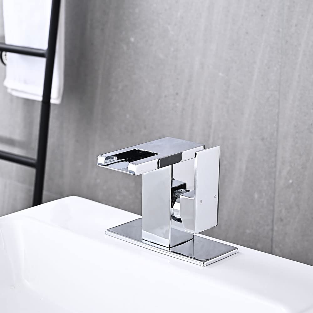 LED Bathroom Sink Faucet, Brushed Gold Waterfall Single Hole Handle Vanity Faucets for Sinks 1 Hole with Metal Pop Up Drain and 2 Water Supply Lines, Side Handle