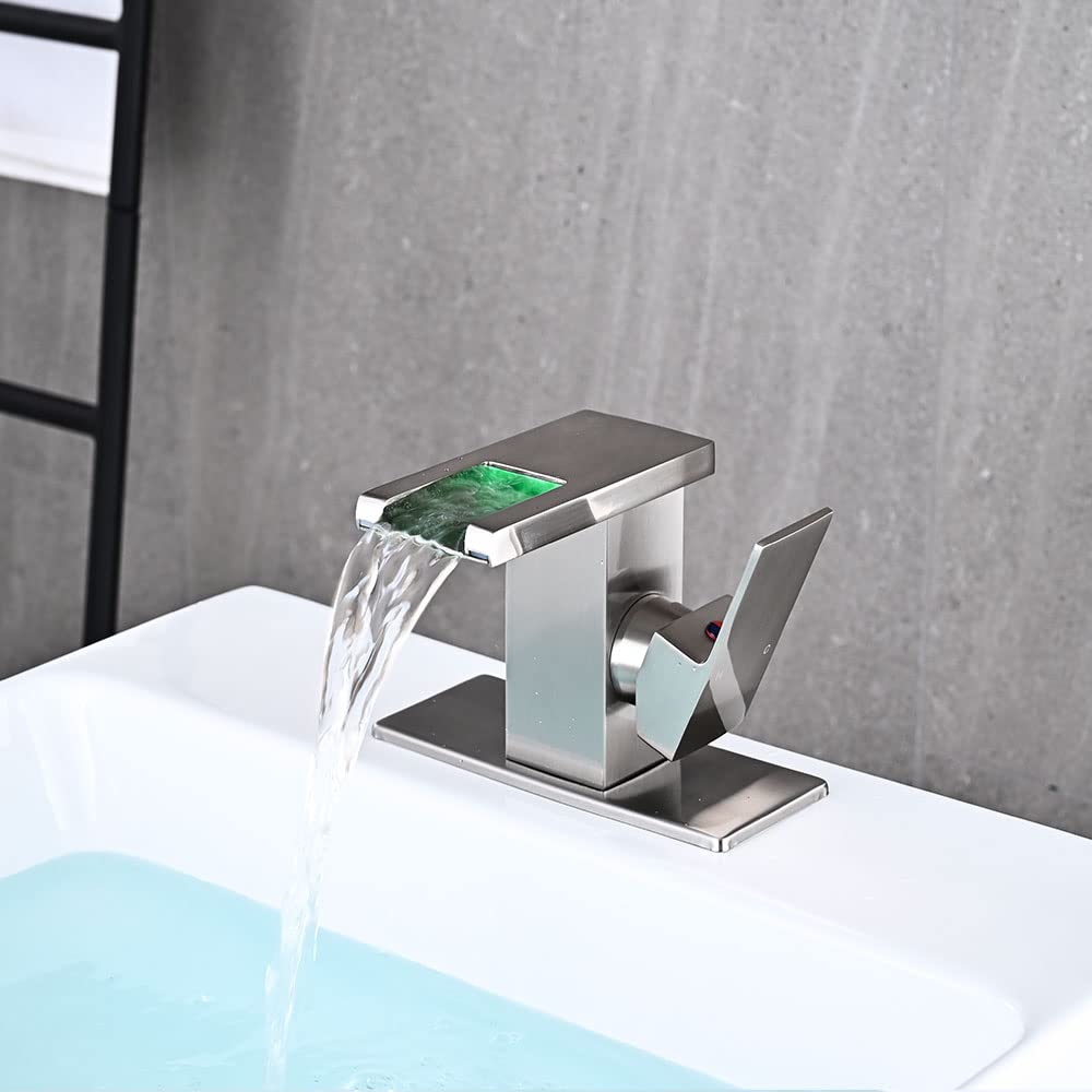 LED Bathroom Sink Faucet, Brushed Gold Waterfall Single Hole Handle Vanity Faucets for Sinks 1 Hole with Metal Pop Up Drain and 2 Water Supply Lines, Side Handle