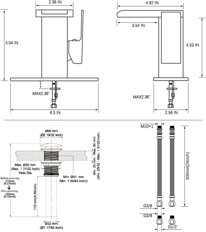 LED Bathroom Sink Faucet, Brushed Gold Waterfall Single Hole Handle Vanity Faucets for Sinks 1 Hole with Metal Pop Up Drain and 2 Water Supply Lines, Side Handle