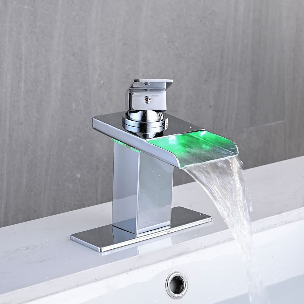 LED Bathroom Sink Faucet, Brushed Gold Waterfall Single Hole Handle Vanity Faucets for Sinks 1 Hole with Metal Pop Up Drain and 2 Water Supply Lines, Open Glass Spout