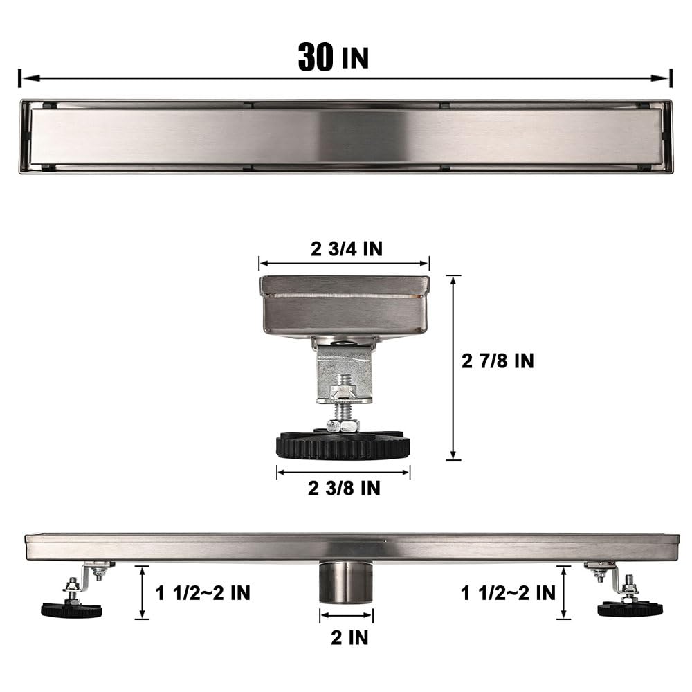 Linear Shower Floor Drain, Brushed Gold 24 Inch 304 Stainless Steel Bathroom Drains Kit, Rectangular Shower Trench Drain with Reversable Tile-in Pattern Drain Cover & Hair Catcher