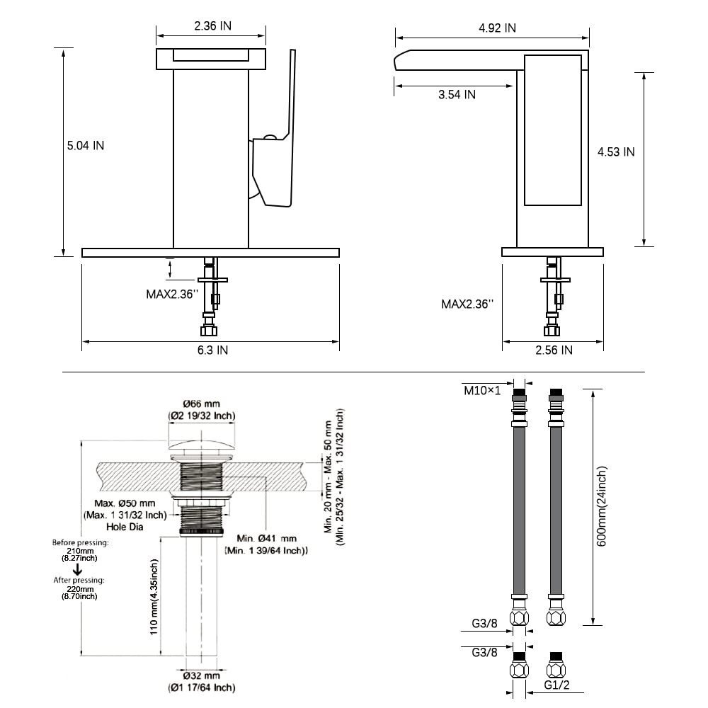 LED Bathroom Sink Faucet, Brushed Gold Waterfall Single Hole Handle Vanity Faucets for Sinks 1 Hole with Metal Pop Up Drain and 2 Water Supply Lines, Side Handle