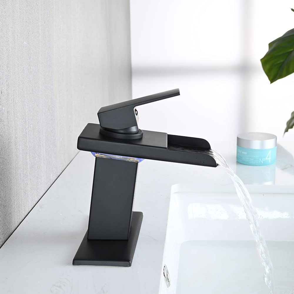 LED Bathroom Sink Faucet, Brushed Gold Waterfall Single Hole Handle Vanity Faucets for Sinks 1 Hole with Metal Pop Up Drain and 2 Water Supply Lines, Open Glass Spout