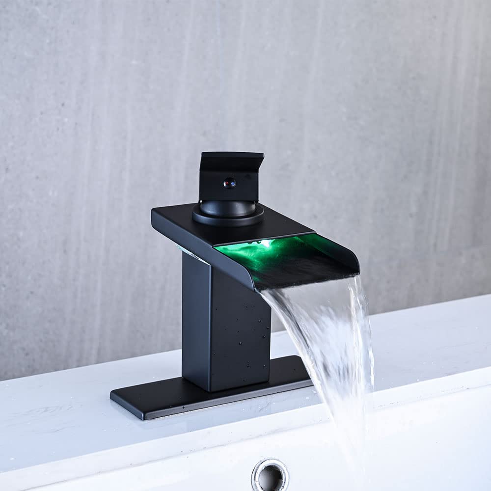 LED Bathroom Sink Faucet, Brushed Gold Waterfall Single Hole Handle Vanity Faucets for Sinks 1 Hole with Metal Pop Up Drain and 2 Water Supply Lines, Open Glass Spout