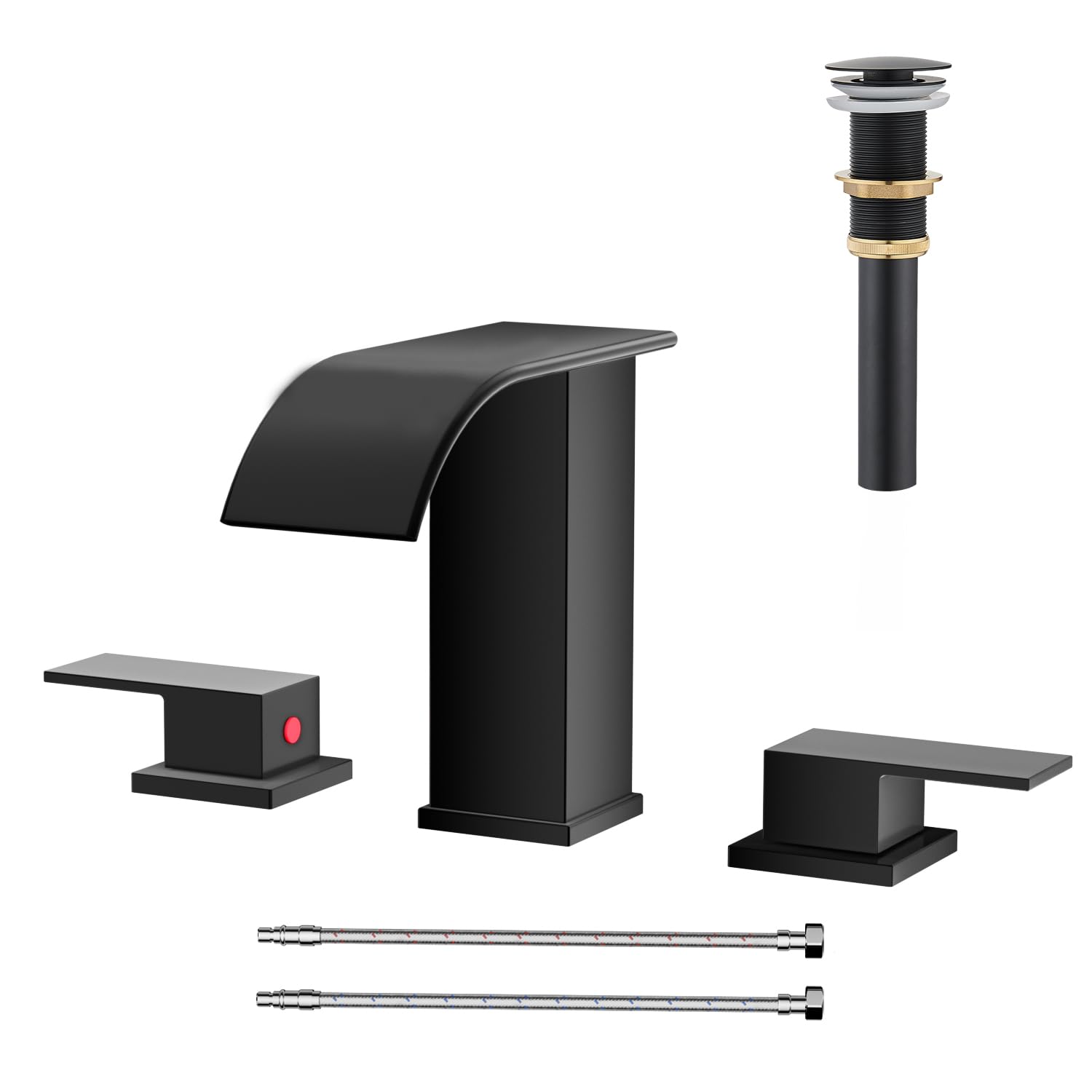 Matte Black Waterfall Bathroom Faucet 3 Hole, 8 Inch Widespread Modern 3 Piece Bathroom Sink Faucet, Touch On Lavatory Faucet for Vanity RV Restroom, Curved Spout