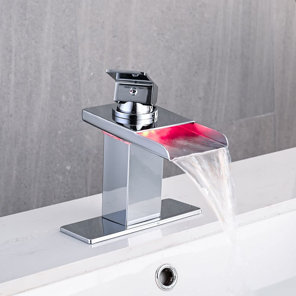 LED Bathroom Sink Faucet, Brushed Gold Waterfall Single Hole Handle Vanity Faucets for Sinks 1 Hole with Metal Pop Up Drain and 2 Water Supply Lines, Open Glass Spout