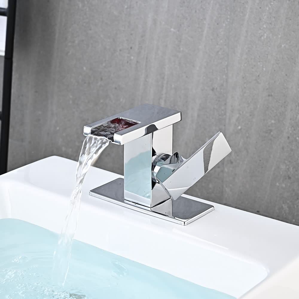 LED Bathroom Sink Faucet, Brushed Gold Waterfall Single Hole Handle Vanity Faucets for Sinks 1 Hole with Metal Pop Up Drain and 2 Water Supply Lines, Side Handle