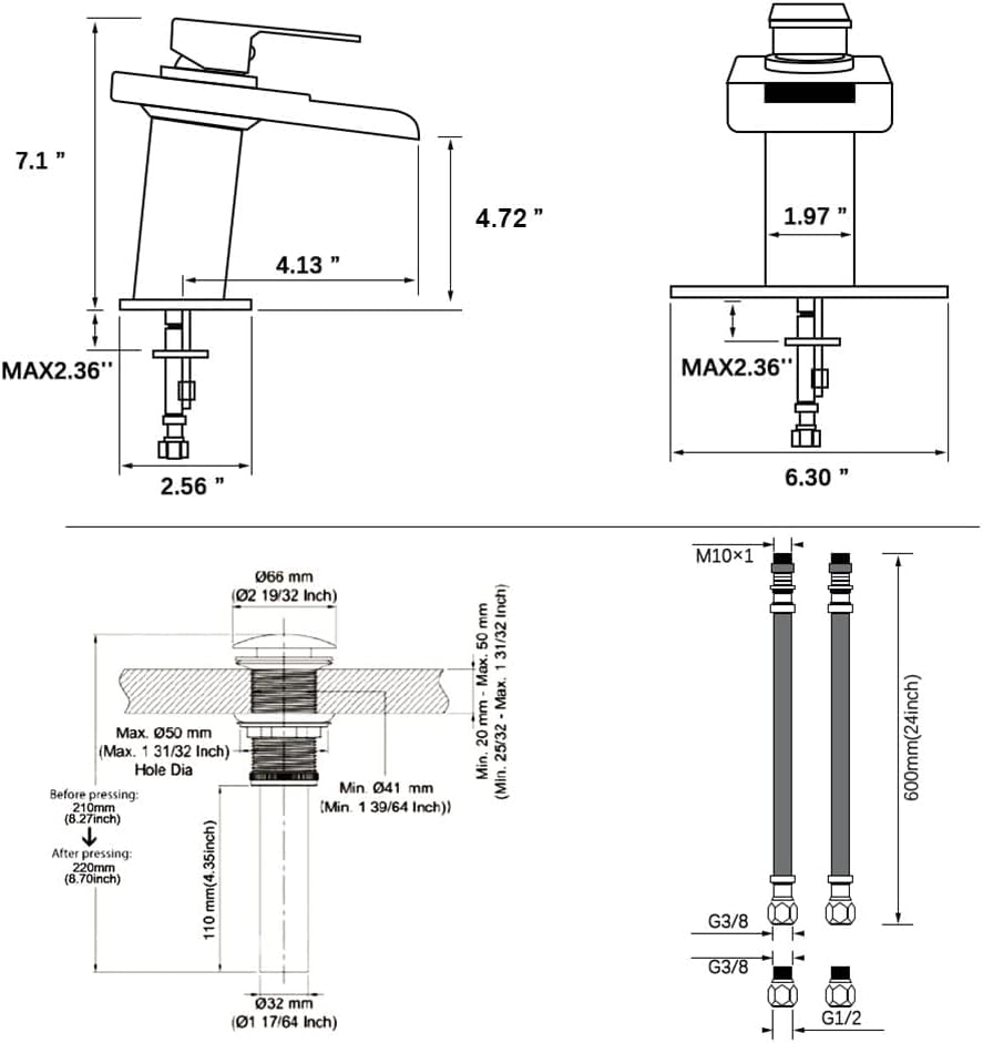 LED Bathroom Sink Faucet, Brushed Gold Waterfall Single Hole Handle Vanity Faucets for Sinks 1 Hole with Metal Pop Up Drain and 2 Water Supply Lines, Open Glass Spout