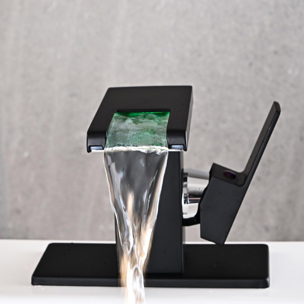 LED Bathroom Sink Faucet, Brushed Gold Waterfall Single Hole Handle Vanity Faucets for Sinks 1 Hole with Metal Pop Up Drain and 2 Water Supply Lines, Side Handle