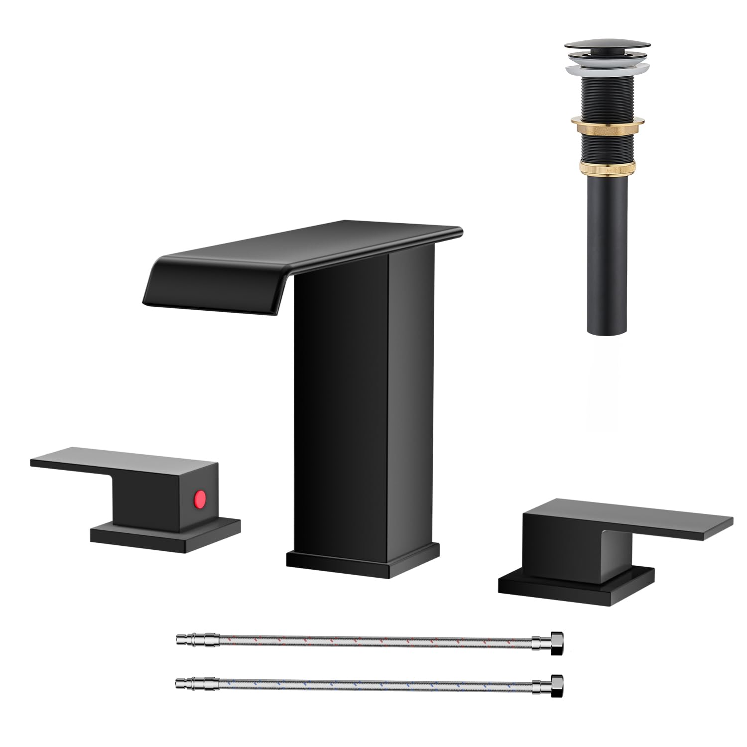 Matte Black Waterfall Bathroom Faucet 3 Hole, 8 Inch Widespread Modern 3 Piece Bathroom Sink Faucet, Touch On Lavatory Faucet for Vanity RV Restroom, Curved Spout