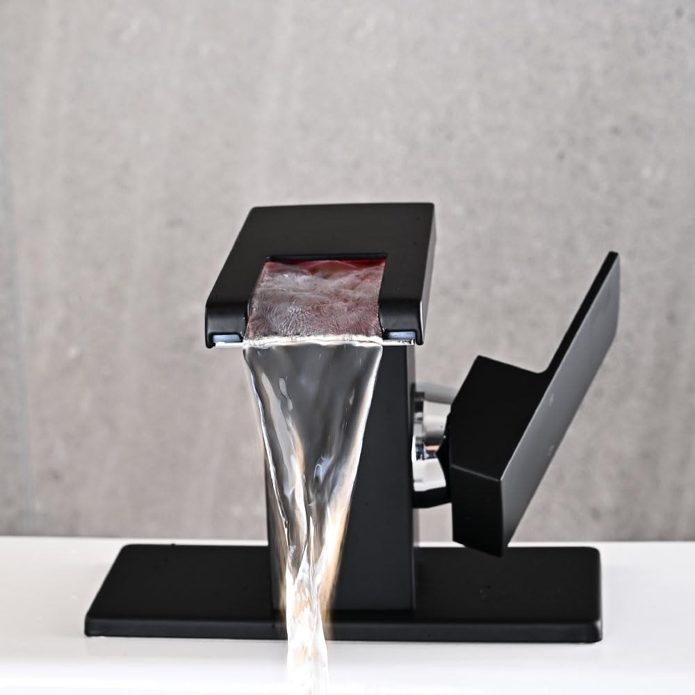 LED Bathroom Sink Faucet, Brushed Gold Waterfall Single Hole Handle Vanity Faucets for Sinks 1 Hole with Metal Pop Up Drain and 2 Water Supply Lines, Side Handle