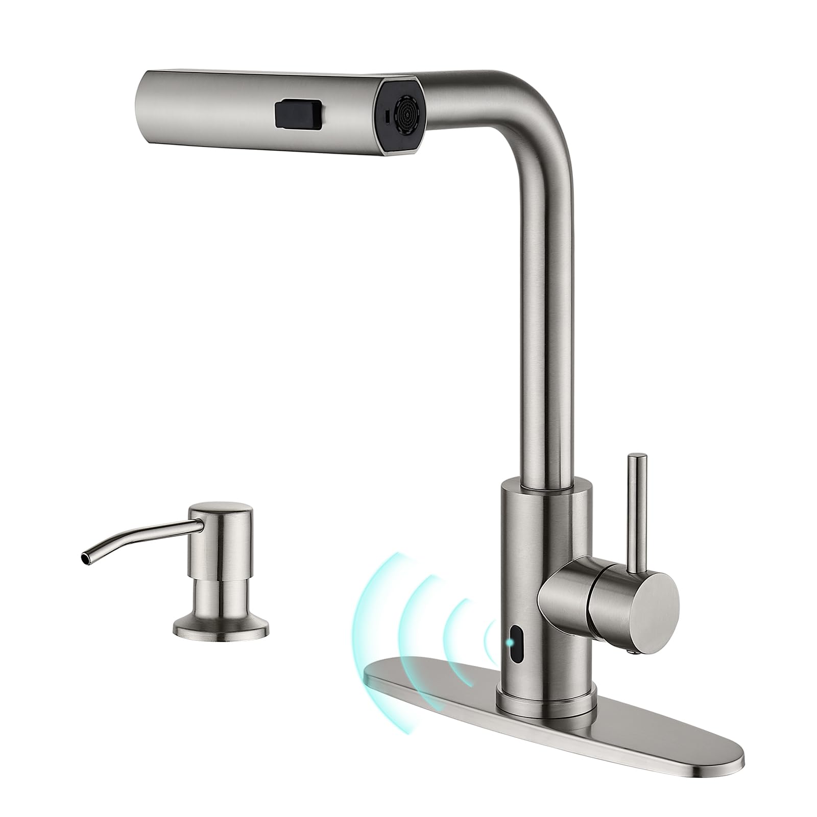 Brushed Nickel Kitchen Faucets with Pull Down Sprayer & Soap Dispenser, Single Hole & Handle, Pull Out Tap, Waterfall Stainless Steel Sink Faucet for Farmhouse Camper Laundry Rv Bar