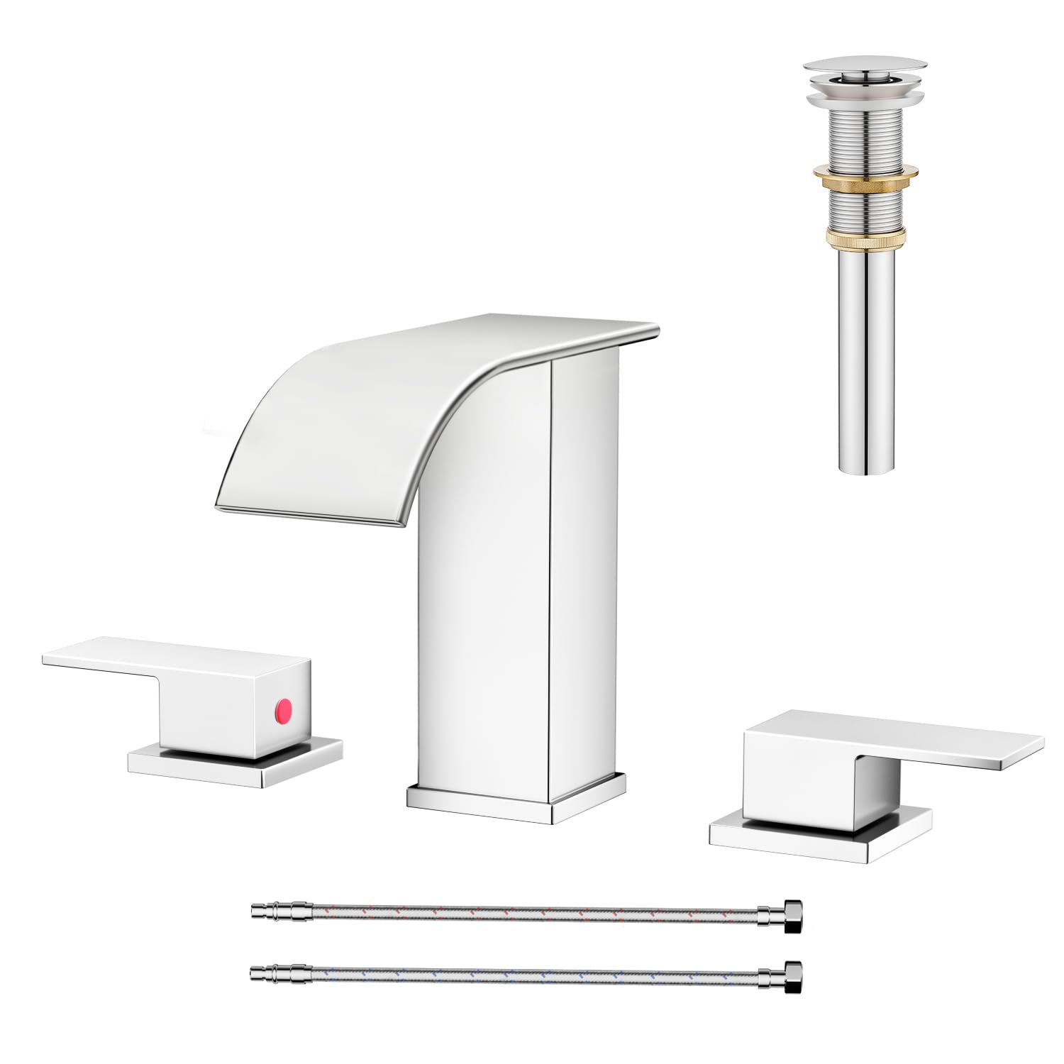 Matte Black Waterfall Bathroom Faucet 3 Hole, 8 Inch Widespread Modern 3 Piece Bathroom Sink Faucet, Touch On Lavatory Faucet for Vanity RV Restroom, Curved Spout