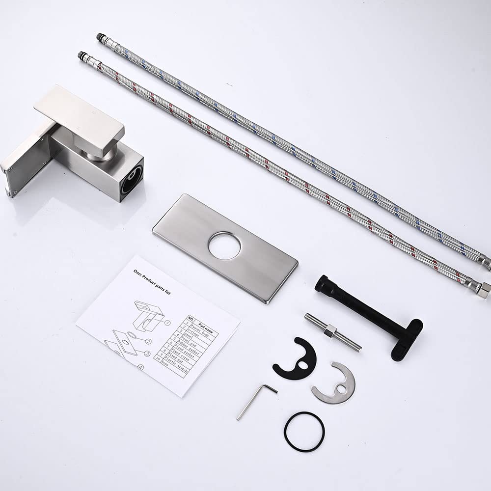 LED Bathroom Sink Faucet, Brushed Gold Waterfall Single Hole Handle Vanity Faucets for Sinks 1 Hole with Metal Pop Up Drain and 2 Water Supply Lines, Side Handle