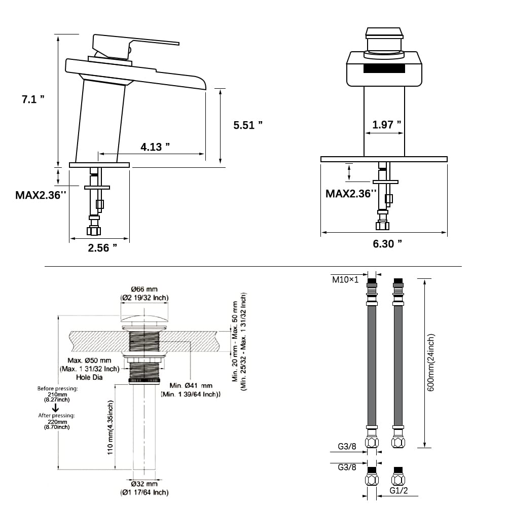 LED Bathroom Sink Faucet, Brushed Gold Waterfall Single Hole Handle Vanity Faucets for Sinks 1 Hole with Metal Pop Up Drain and 2 Water Supply Lines, Open Glass Spout