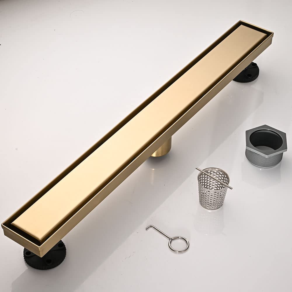 Linear Shower Floor Drain, Brushed Gold 24 Inch 304 Stainless Steel Bathroom Drains Kit, Rectangular Shower Trench Drain with Reversable Tile-in Pattern Drain Cover & Hair Catcher