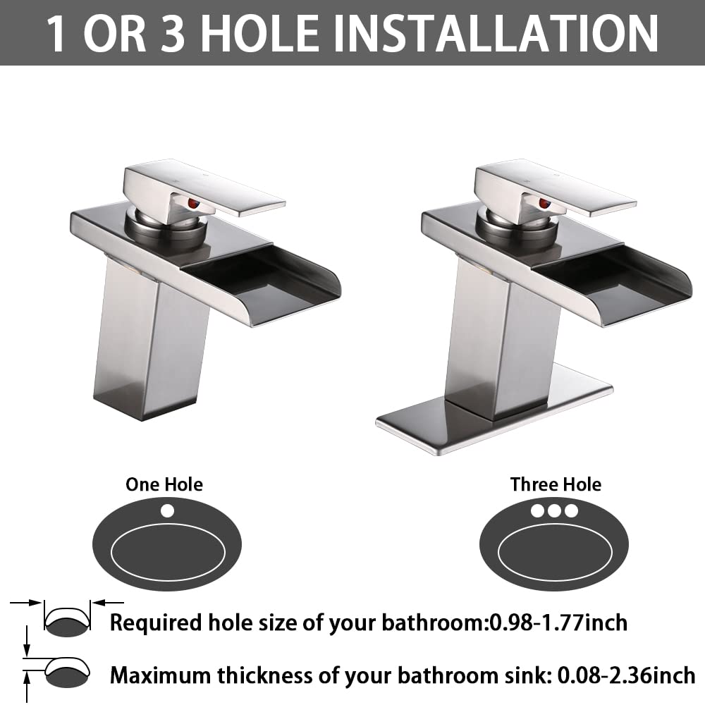 LED Bathroom Sink Faucet, Brushed Gold Waterfall Single Hole Handle Vanity Faucets for Sinks 1 Hole with Metal Pop Up Drain and 2 Water Supply Lines, Open Glass Spout