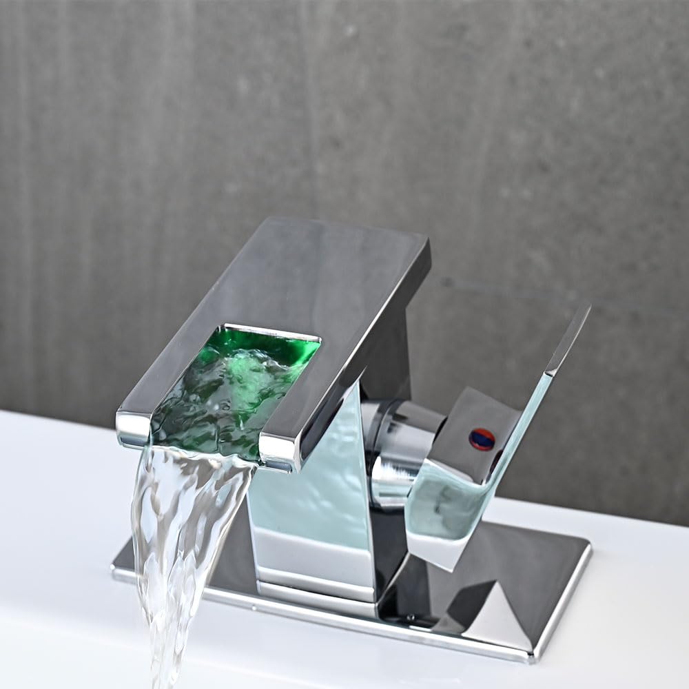 LED Bathroom Sink Faucet, Brushed Gold Waterfall Single Hole Handle Vanity Faucets for Sinks 1 Hole with Metal Pop Up Drain and 2 Water Supply Lines, Side Handle