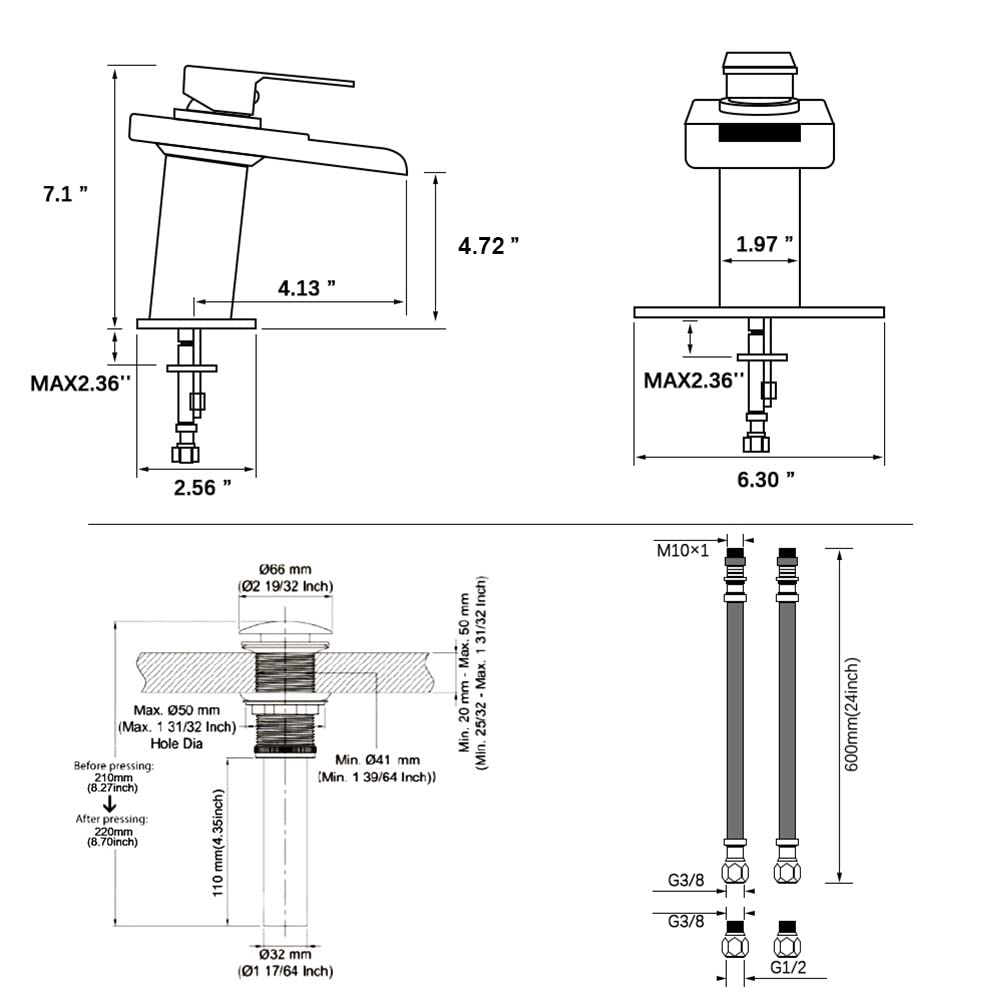 LED Bathroom Sink Faucet, Brushed Gold Waterfall Single Hole Handle Vanity Faucets for Sinks 1 Hole with Metal Pop Up Drain and 2 Water Supply Lines, Open Glass Spout
