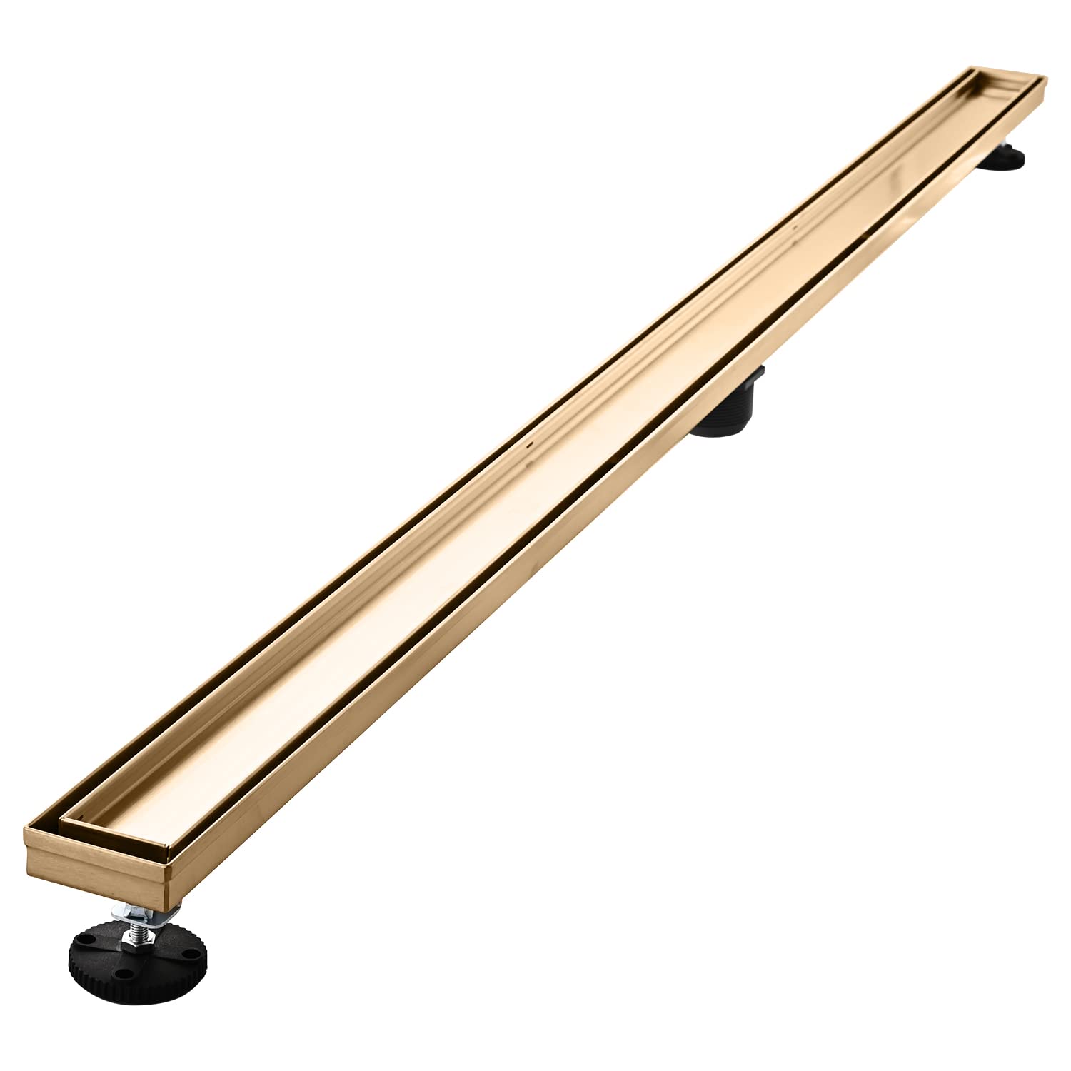 Linear Shower Floor Drain, Brushed Gold 24 Inch 304 Stainless Steel Bathroom Drains Kit, Rectangular Shower Trench Drain with Reversable Tile-in Pattern Drain Cover & Hair Catcher