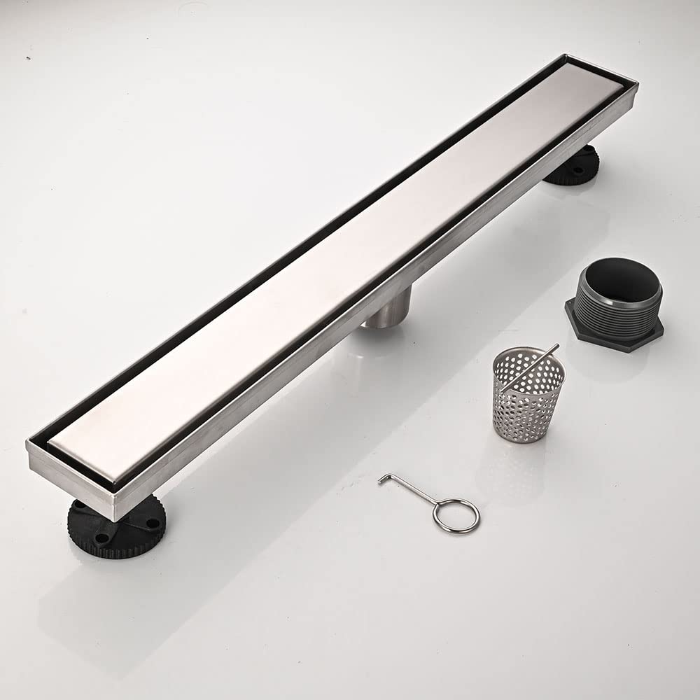 Linear Shower Floor Drain, Brushed Gold 24 Inch 304 Stainless Steel Bathroom Drains Kit, Rectangular Shower Trench Drain with Reversable Tile-in Pattern Drain Cover & Hair Catcher