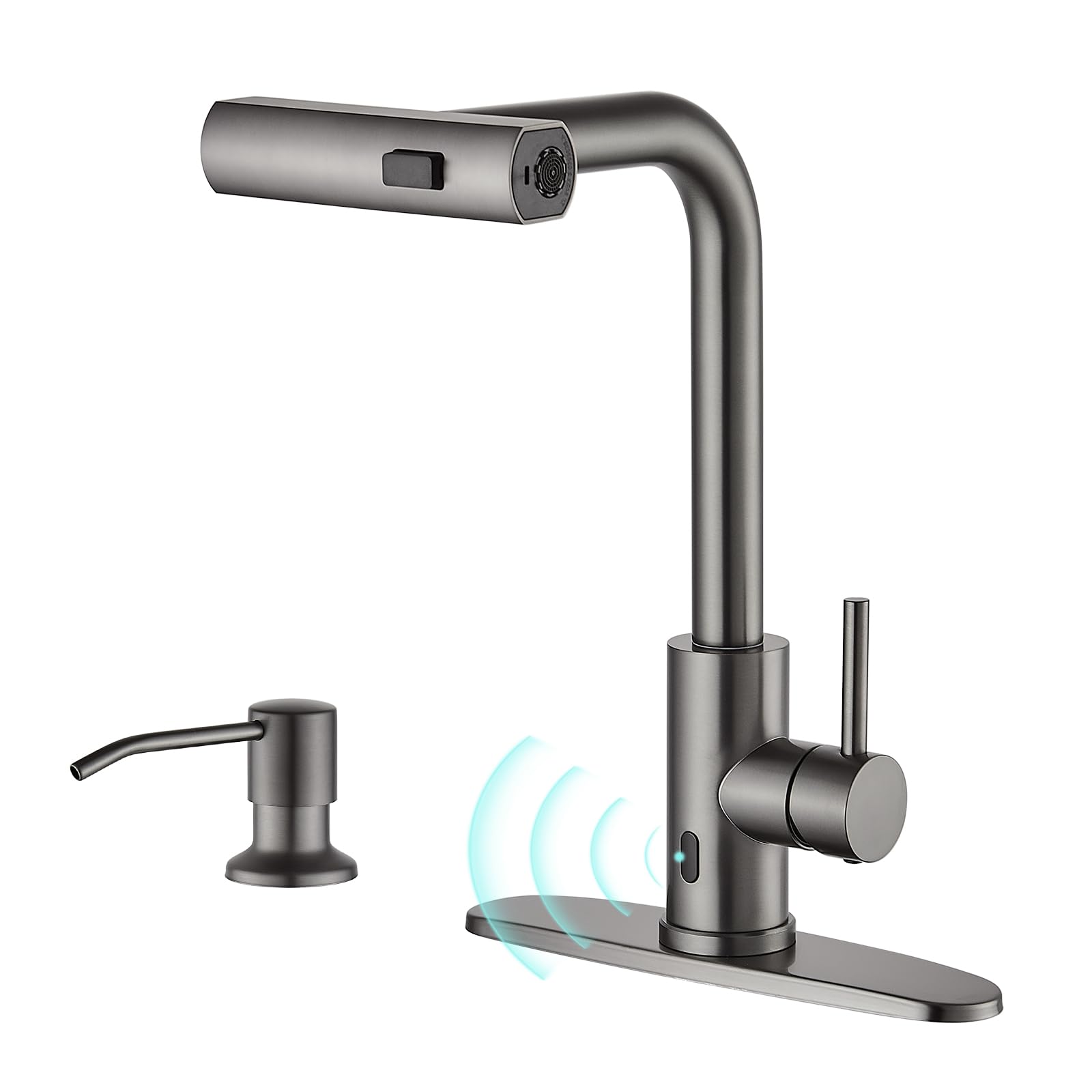 Brushed Nickel Kitchen Faucets with Pull Down Sprayer & Soap Dispenser, Single Hole & Handle, Pull Out Tap, Waterfall Stainless Steel Sink Faucet for Farmhouse Camper Laundry Rv Bar