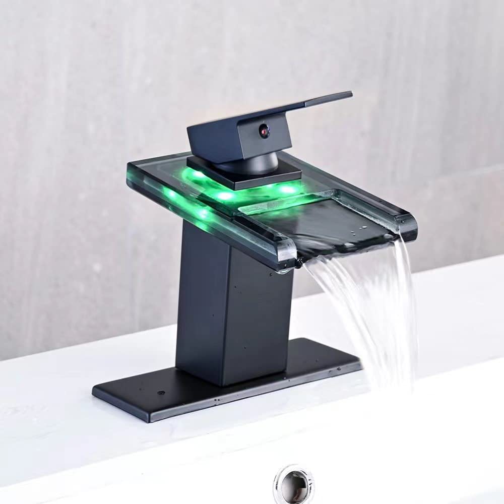 LED Bathroom Sink Faucet, Brushed Gold Waterfall Single Hole Handle Vanity Faucets for Sinks 1 Hole with Metal Pop Up Drain and 2 Water Supply Lines, Open Glass Spout