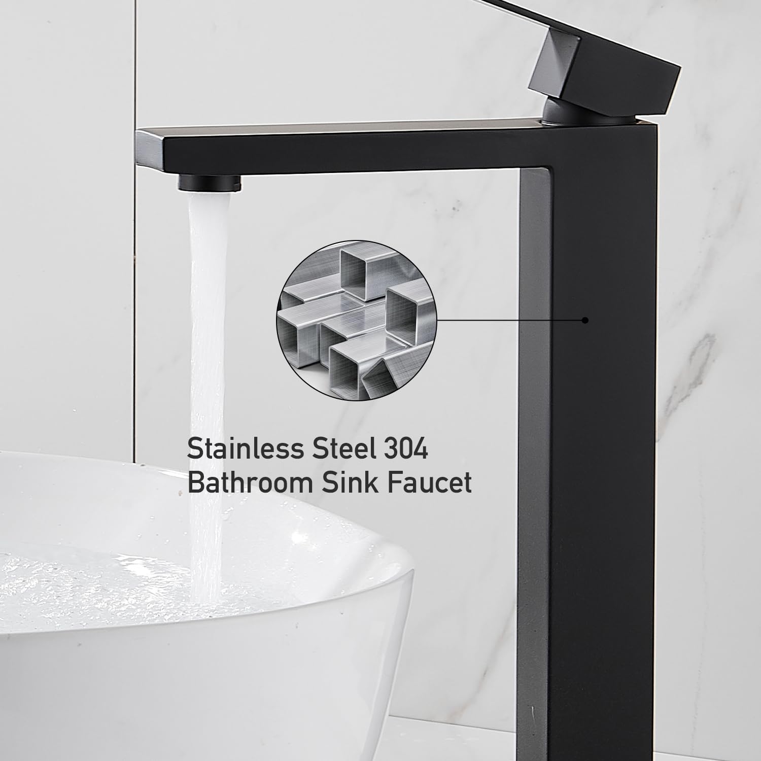 Matte Black Bathroom Faucet, Single Hole Vanity Bath Faucet, Single Handle Modern Stainless Steel Bathroom Faucets for Sink 1 Hole with Pop Up Drain Stopper & Water Supply Hoses