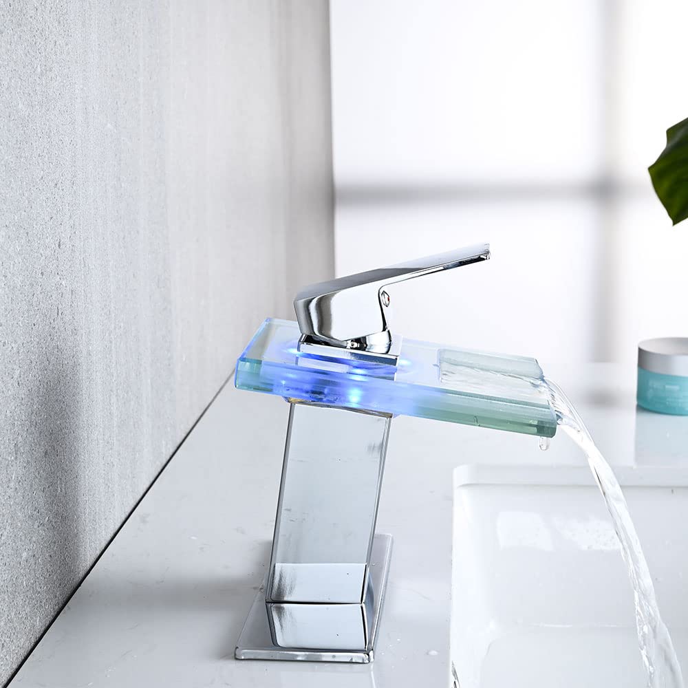 LED Bathroom Sink Faucet, Brushed Gold Waterfall Single Hole Handle Vanity Faucets for Sinks 1 Hole with Metal Pop Up Drain and 2 Water Supply Lines, Open Glass Spout