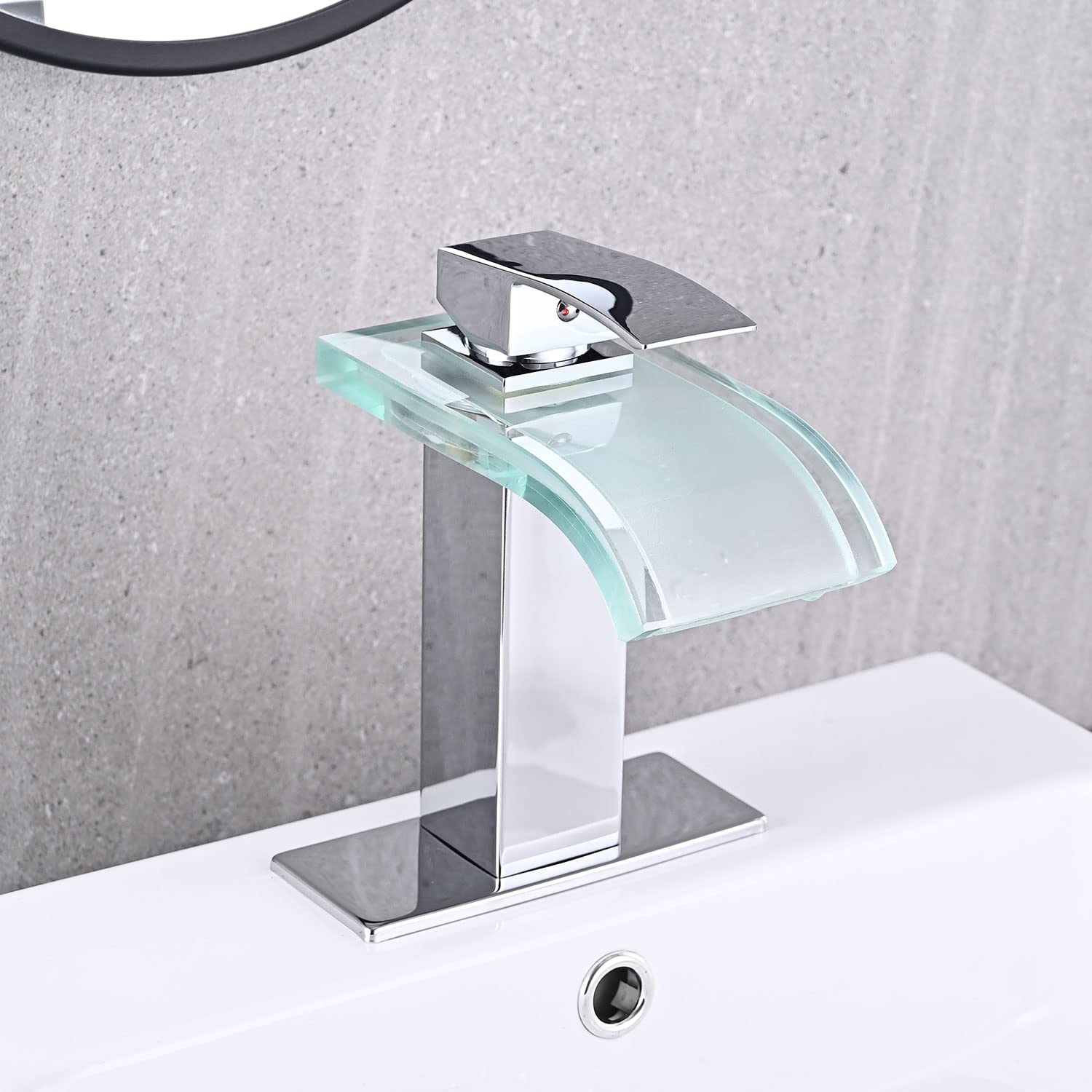 LED Bathroom Sink Faucet, Brushed Nickel Waterfall Single Hole Handle Vanity Faucets for Sinks 1 Hole with Metal Pop Up Drain and 2 Water Supply Lines, Wide Glass Spout