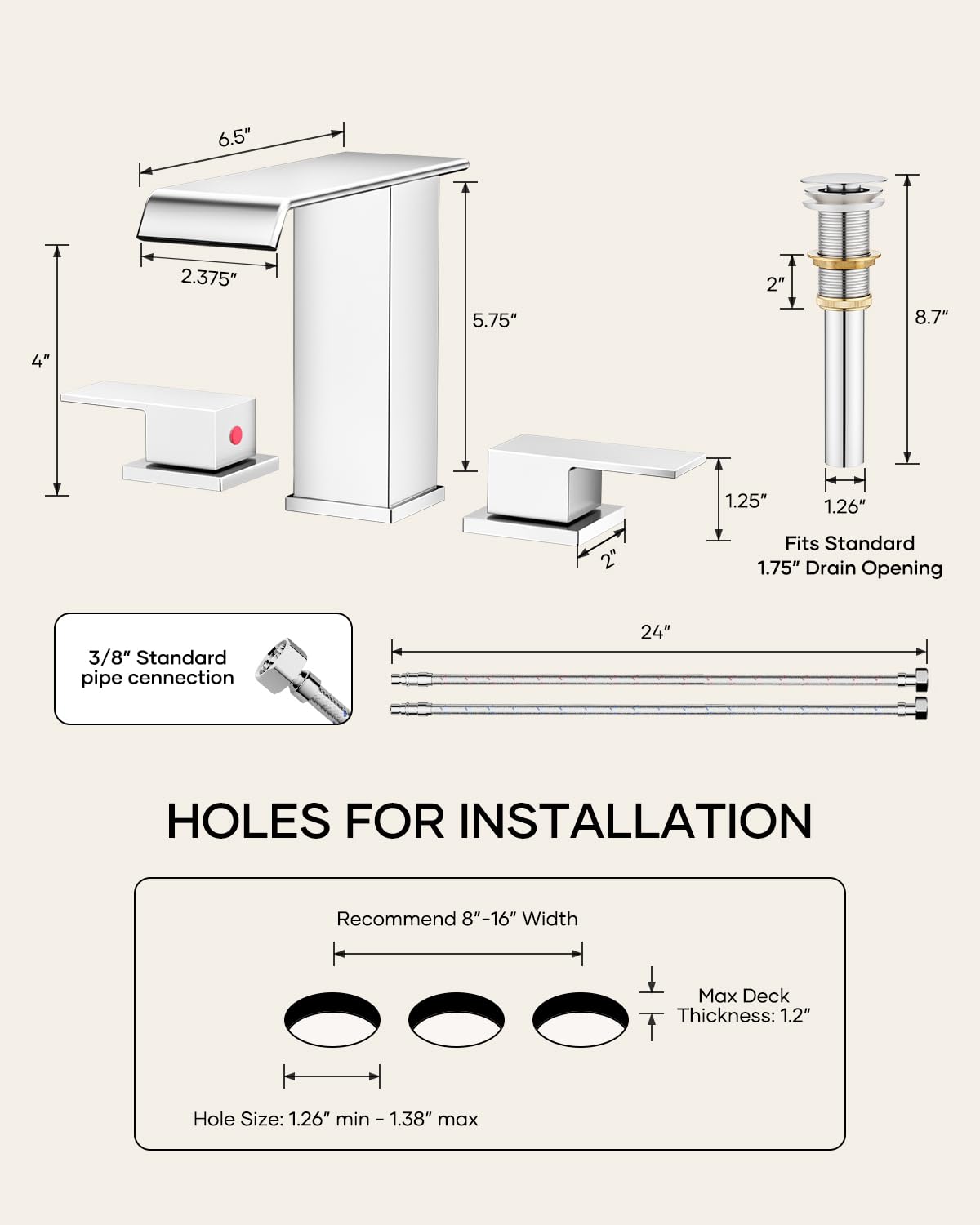 Matte Black Waterfall Bathroom Faucet 3 Hole, 8 Inch Widespread Modern 3 Piece Bathroom Sink Faucet, Touch On Lavatory Faucet for Vanity RV Restroom, Curved Spout