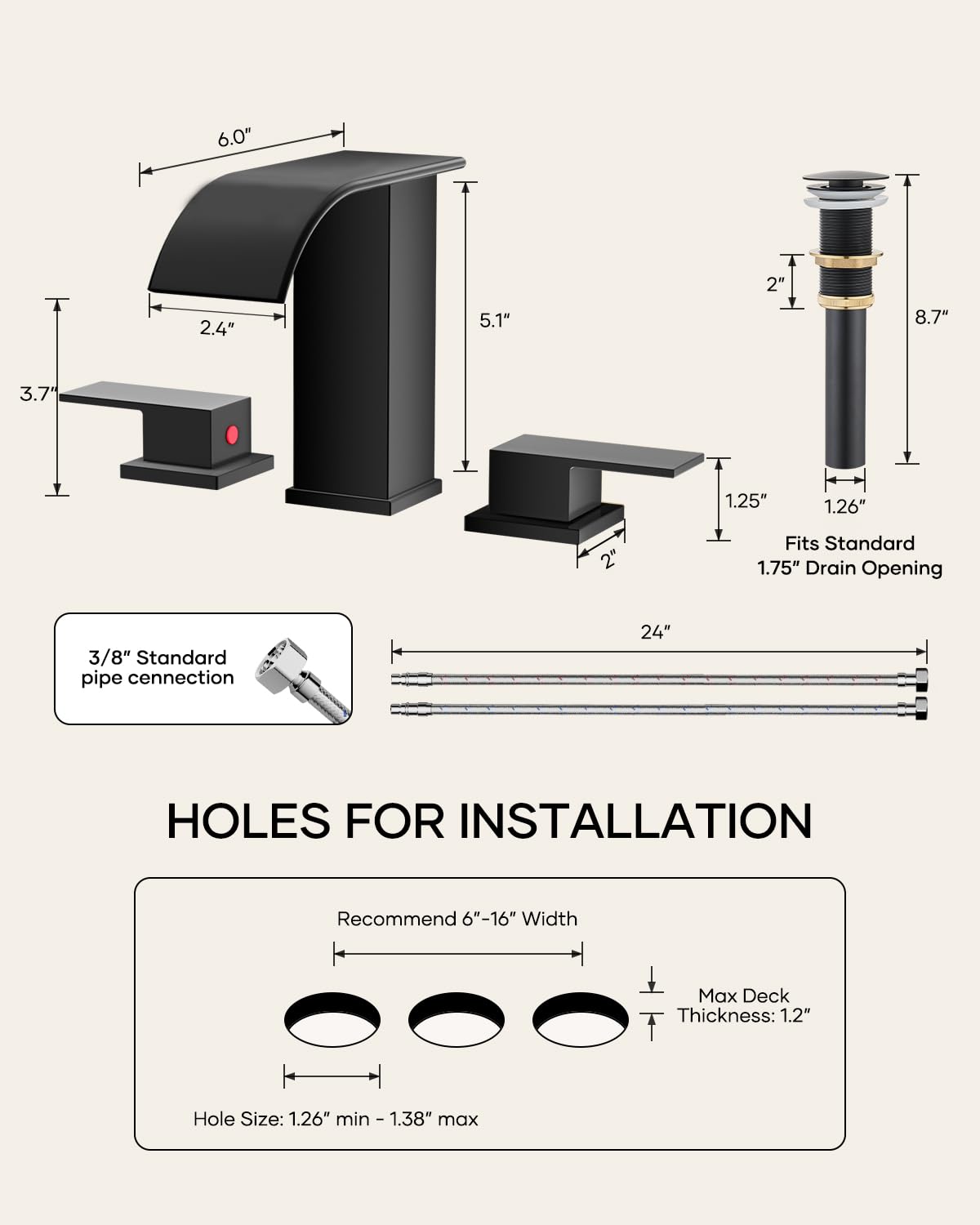 Matte Black Waterfall Bathroom Faucet 3 Hole, 8 Inch Widespread Modern 3 Piece Bathroom Sink Faucet, Touch On Lavatory Faucet for Vanity RV Restroom, Curved Spout