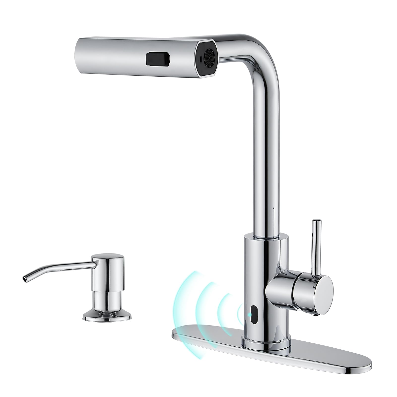 Brushed Nickel Kitchen Faucets with Pull Down Sprayer & Soap Dispenser, Single Hole & Handle, Pull Out Tap, Waterfall Stainless Steel Sink Faucet for Farmhouse Camper Laundry Rv Bar