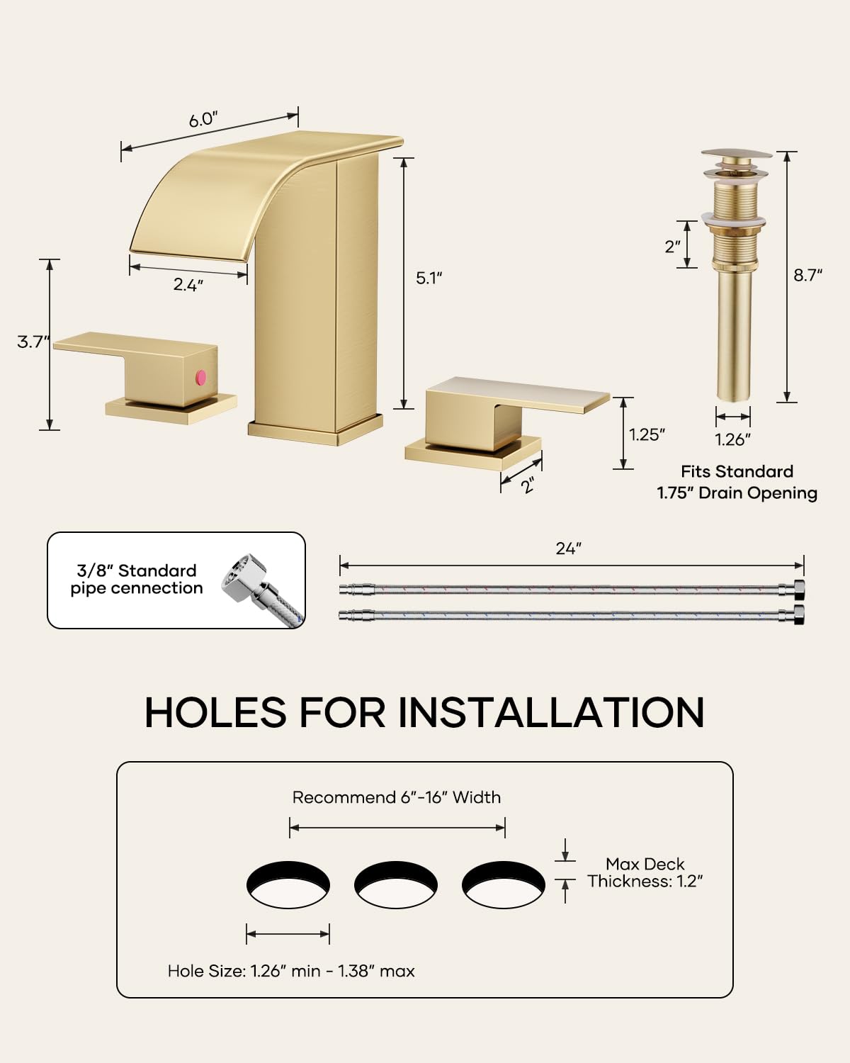 Matte Black Waterfall Bathroom Faucet 3 Hole, 8 Inch Widespread Modern 3 Piece Bathroom Sink Faucet, Touch On Lavatory Faucet for Vanity RV Restroom, Curved Spout