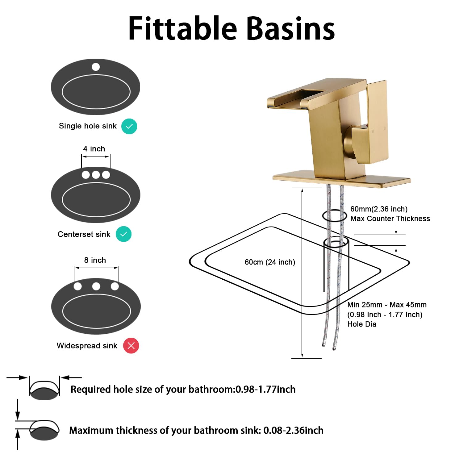 LED Bathroom Sink Faucet, Brushed Gold Waterfall Single Hole Handle Vanity Faucets for Sinks 1 Hole with Metal Pop Up Drain and 2 Water Supply Lines, Side Handle
