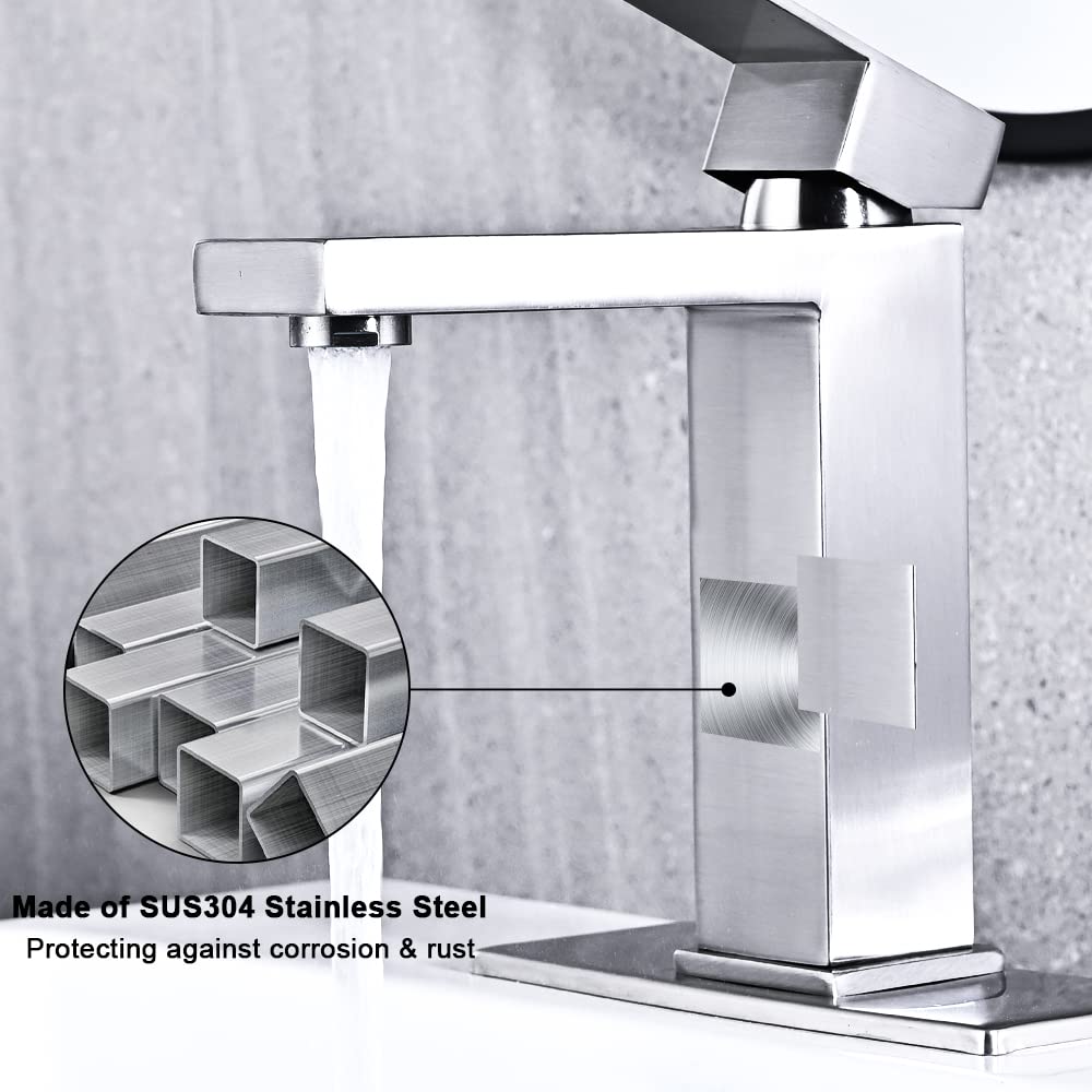 Matte Black Bathroom Faucet, Single Hole Vanity Bath Faucet, Single Handle Modern Stainless Steel Bathroom Faucets for Sink 1 Hole with Pop Up Drain Stopper & Water Supply Hoses