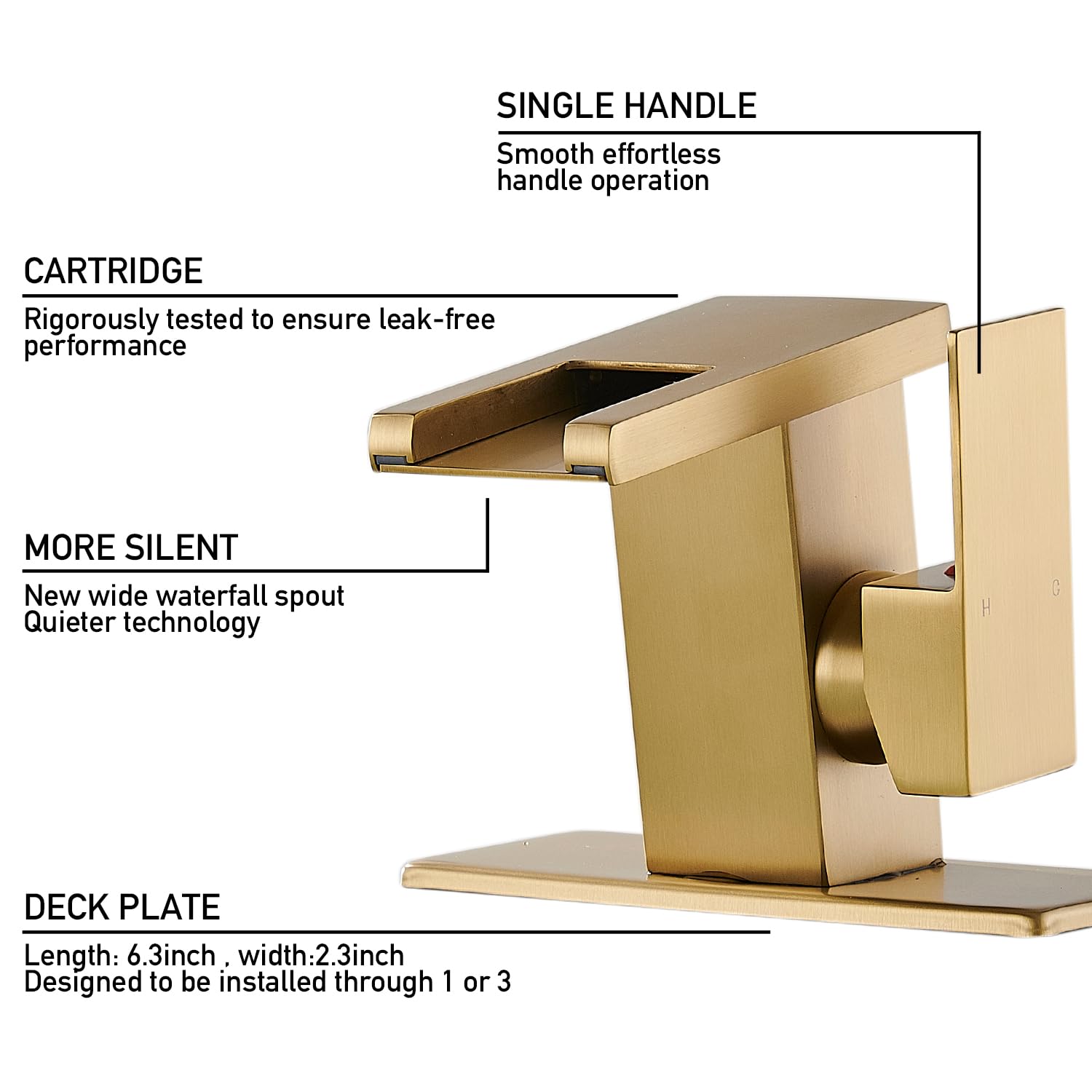 LED Bathroom Sink Faucet, Brushed Gold Waterfall Single Hole Handle Vanity Faucets for Sinks 1 Hole with Metal Pop Up Drain and 2 Water Supply Lines, Side Handle