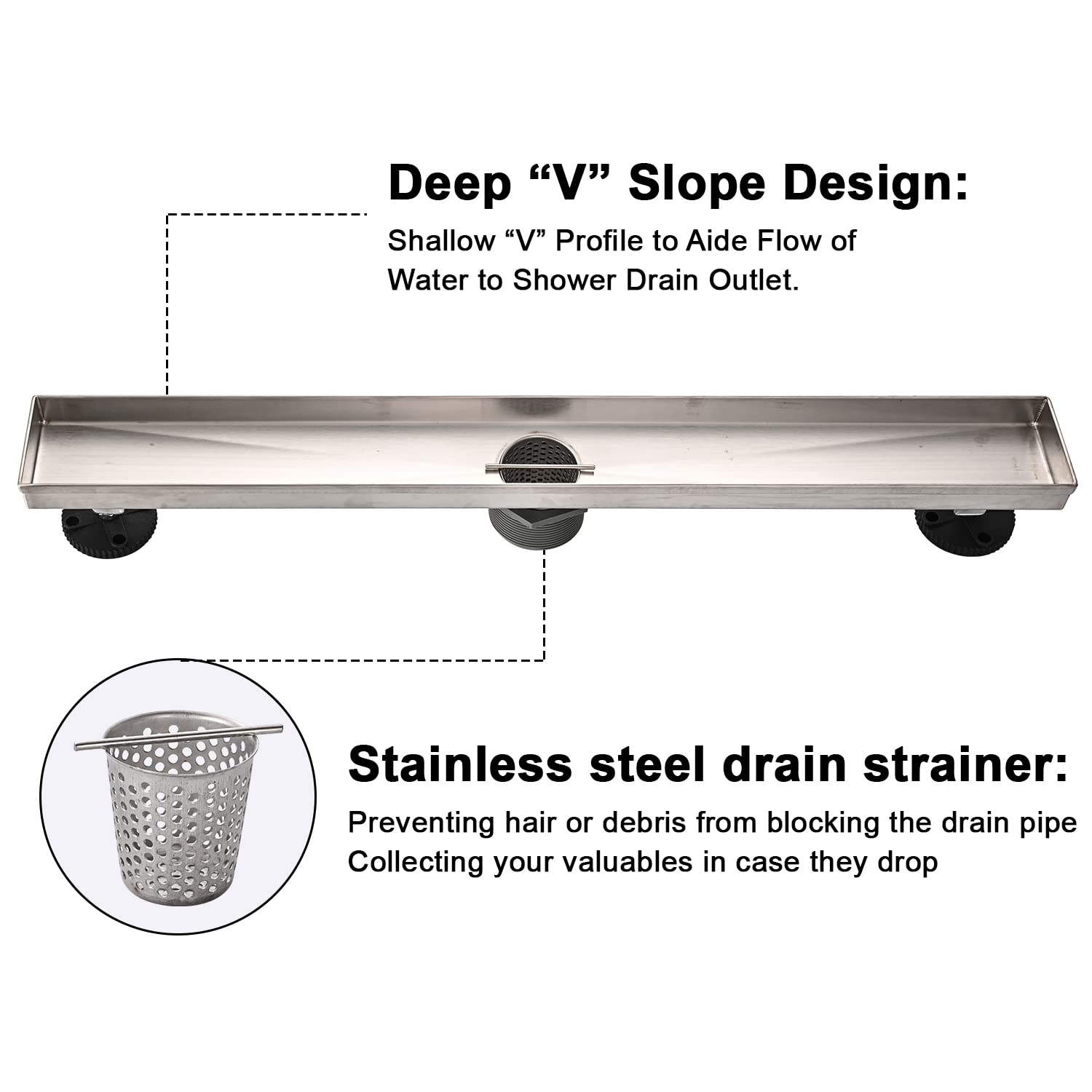 Linear Shower Floor Drain, Brushed Gold 24 Inch 304 Stainless Steel Bathroom Drains Kit, Rectangular Shower Trench Drain with Reversable Tile-in Pattern Drain Cover & Hair Catcher