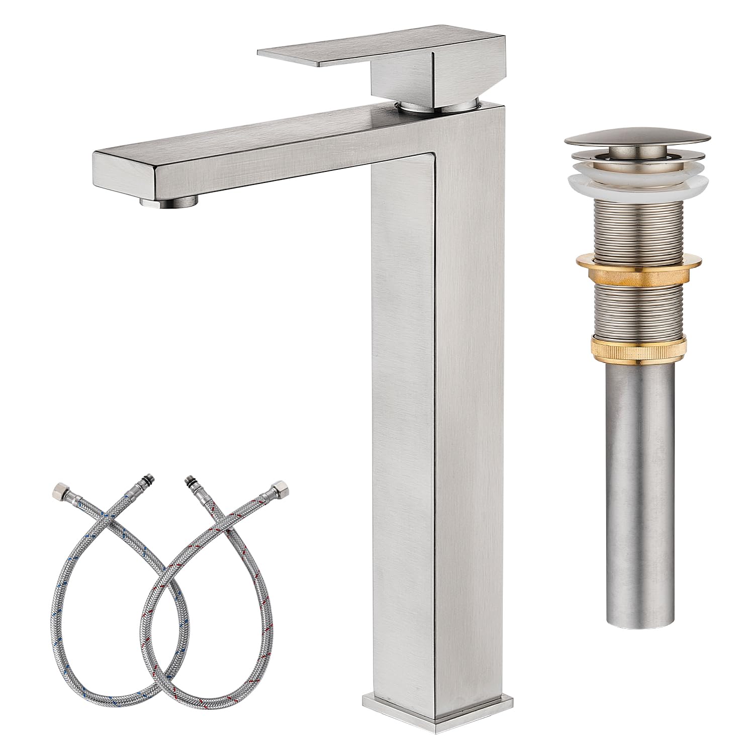 Matte Black Bathroom Faucet, Single Hole Vanity Bath Faucet, Single Handle Modern Stainless Steel Bathroom Faucets for Sink 1 Hole with Pop Up Drain Stopper & Water Supply Hoses