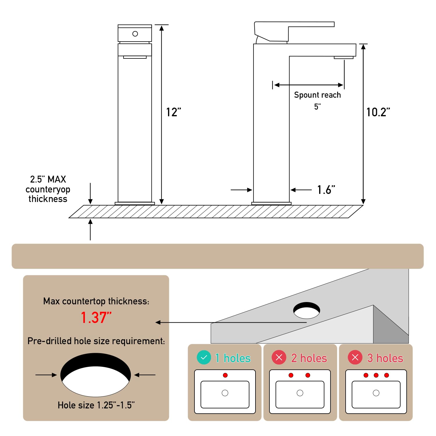 Matte Black Bathroom Faucet, Single Hole Vanity Bath Faucet, Single Handle Modern Stainless Steel Bathroom Faucets for Sink 1 Hole with Pop Up Drain Stopper & Water Supply Hoses