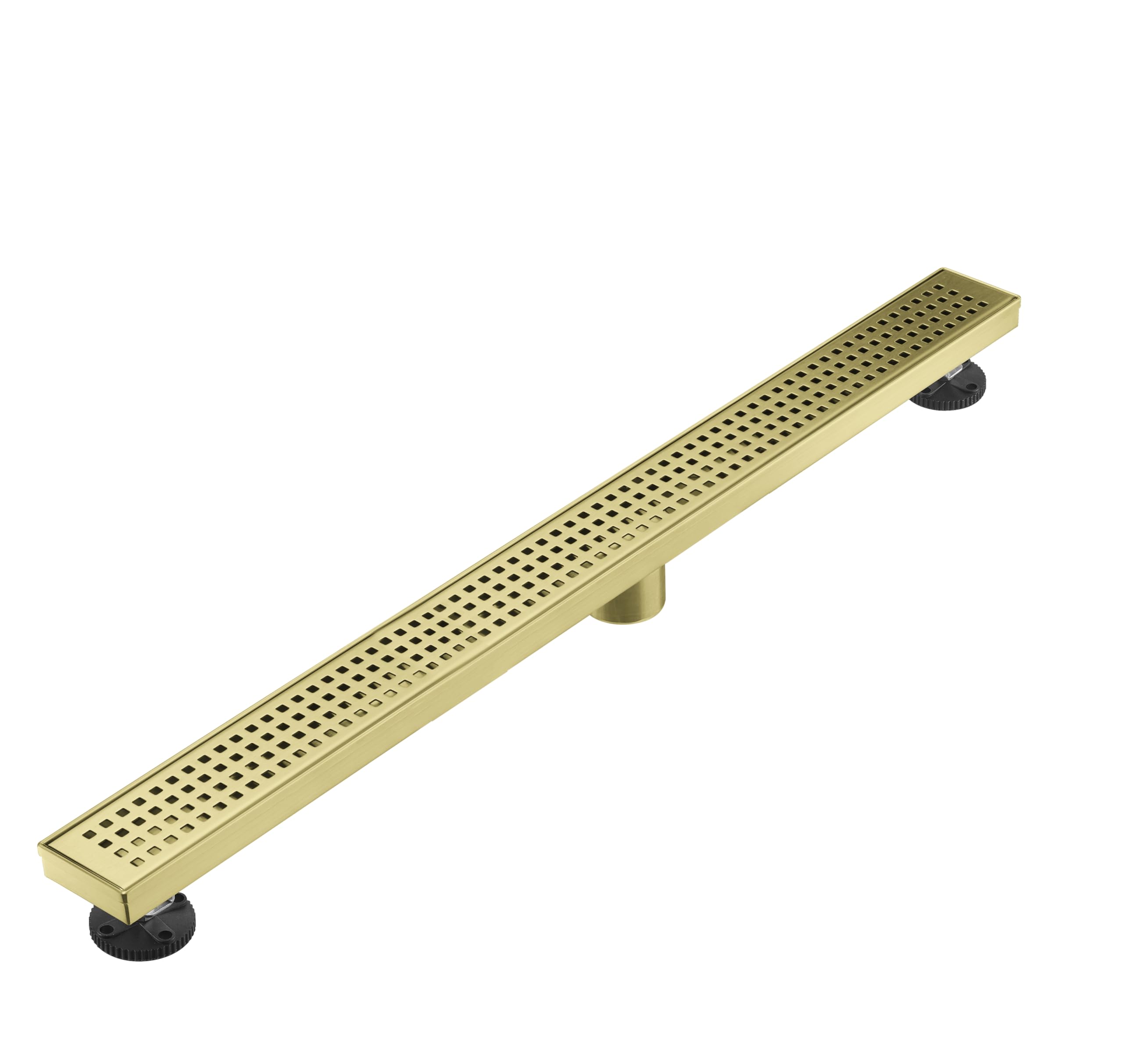 Linear Shower Floor Drain, Brushed Gold 12 Inch 304 Stainless Steel Bathroom Drains Kit, Long Rectangular Shower Trench Drain with Square Pattern Drain Cover & Hair Catcher