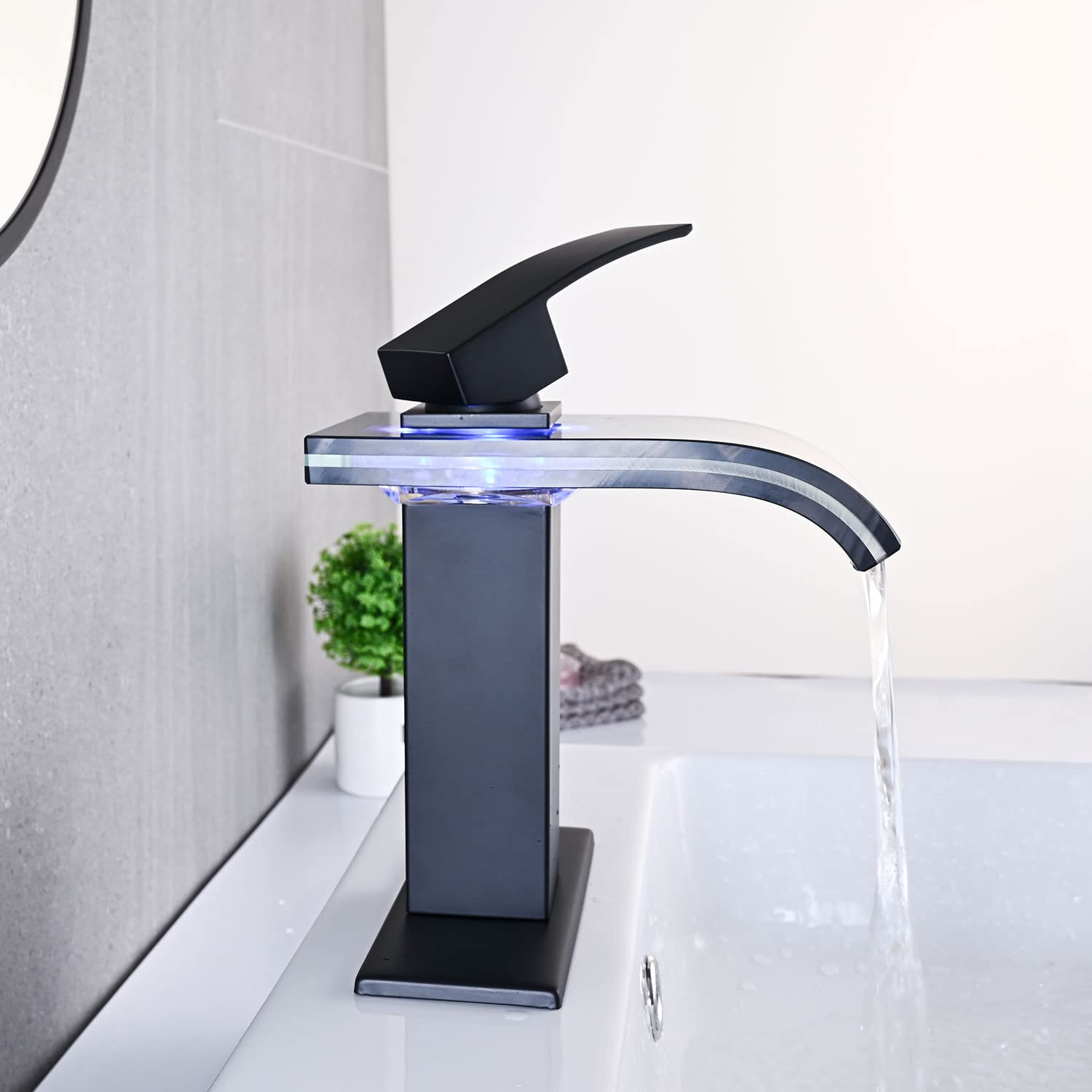 LED Bathroom Sink Faucet, Brushed Nickel Waterfall Single Hole Handle Vanity Faucets for Sinks 1 Hole with Metal Pop Up Drain and 2 Water Supply Lines, Wide Glass Spout