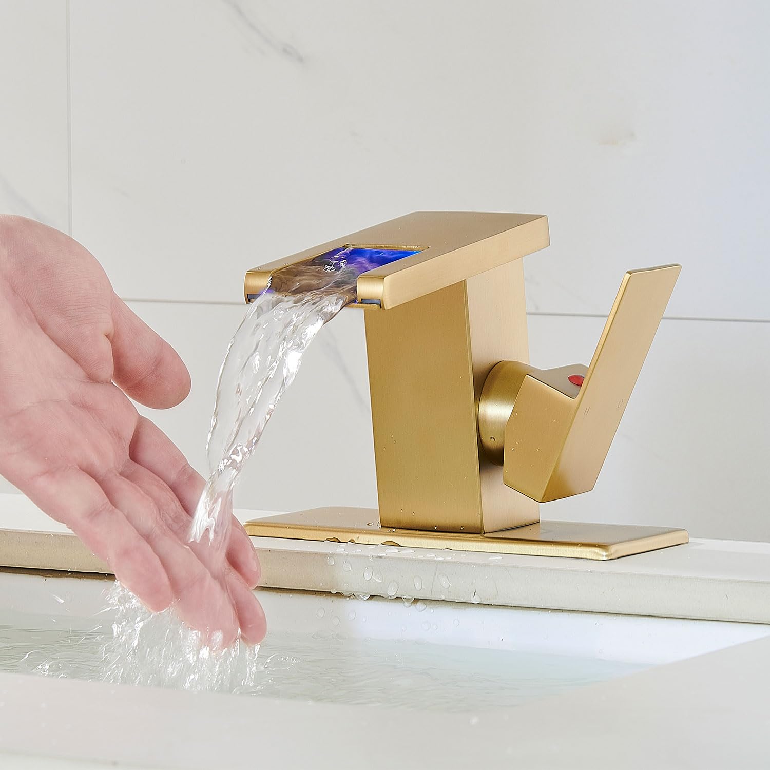 LED Bathroom Sink Faucet, Brushed Gold Waterfall Single Hole Handle Vanity Faucets for Sinks 1 Hole with Metal Pop Up Drain and 2 Water Supply Lines, Side Handle